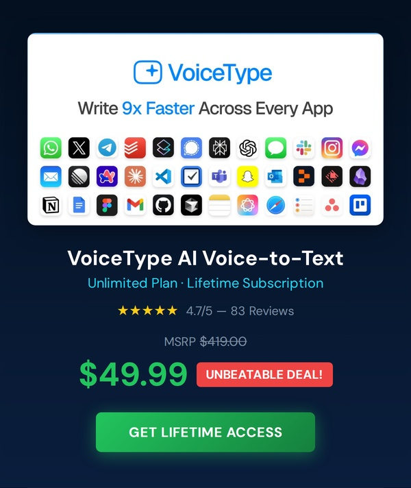 VoiceType AI Voice-to-Text: Lifetime Subscription (Unlimited Words/Month)