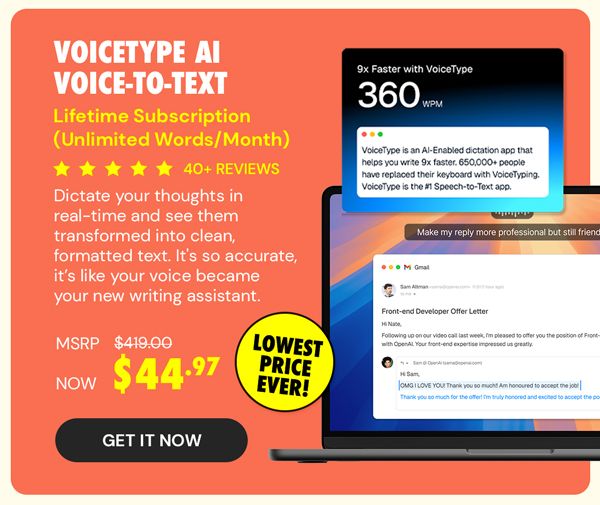 VoiceType AI Voice-to-Text: Lifetime Subscription (Unlimited Words/Month)