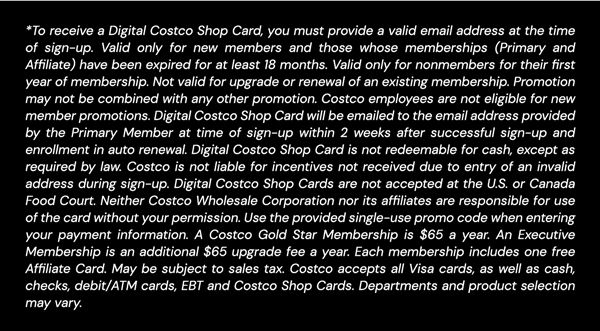 Digital Costco Shop Card Disclaimer | Terms and Conditions Apply - See Website for Details