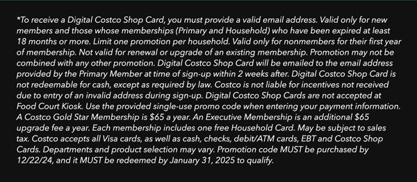 Digital Costco Shop Card Disclaimer | Terms & Conditions Apply - See Website for Details