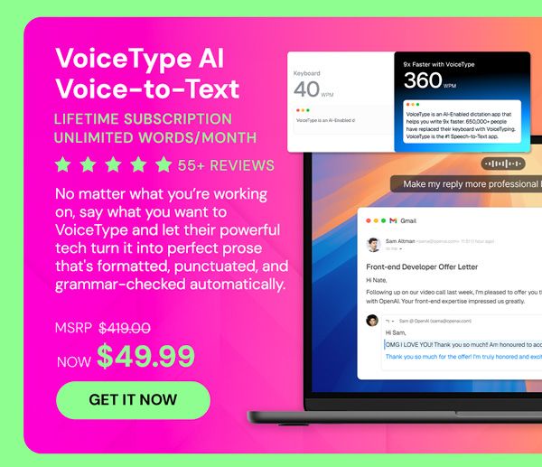 VoiceType AI Voice-to-Text: Lifetime Subscription (Unlimited Words/Month)