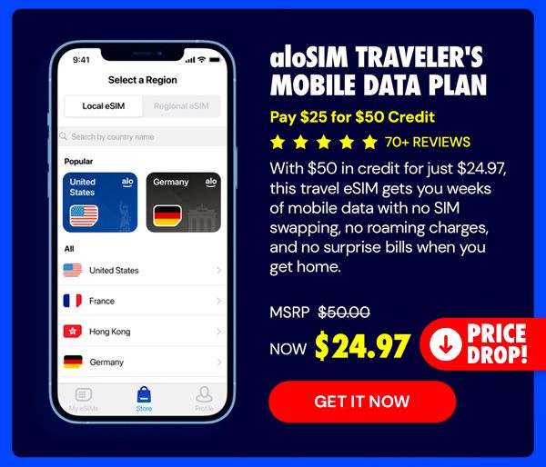 aloSIM Traveler's Mobile Data Plan: Pay $25 for $50 Credit
