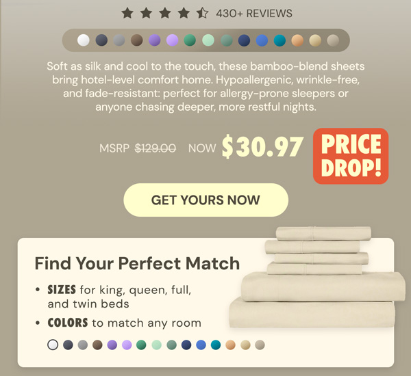 6-Piece Bamboo-Blend Comfort Luxury Sheet Set in a Variety of Colors and Fits