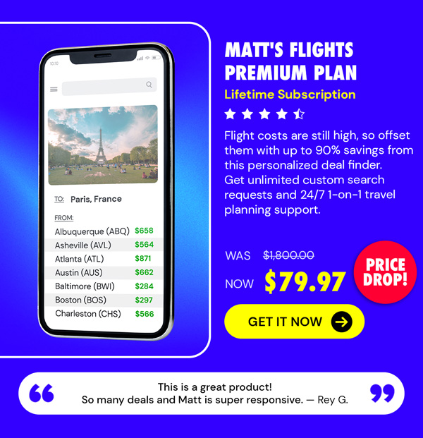 Matt's Flights Premium Plan (Lifetime Subscription) - Save up to 90% on Domestic & International flights