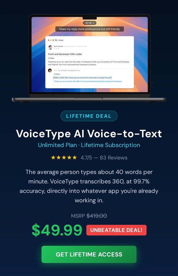 VoiceType AI Voice-to-Text: Lifetime Subscription (Unlimited Words/Month)