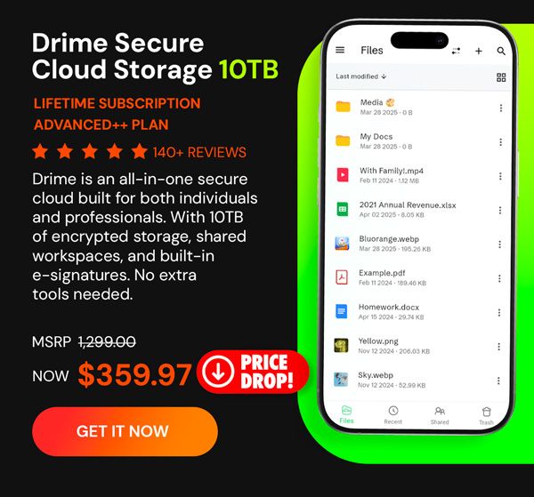 Drime Secure Cloud Storage: Lifetime Subscription (Advanced++ Plan/10TB)