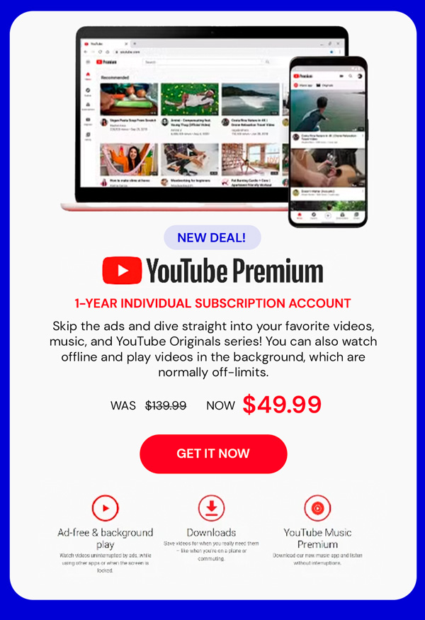 YouTube Premium Individual: 1-Year Subscription Account