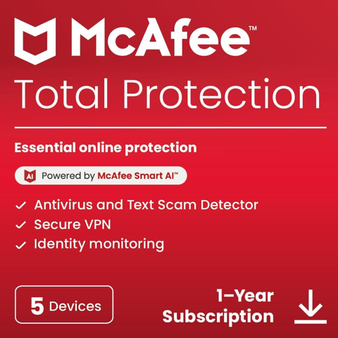 McAfee Total Protection 5-Device 2025 Ready | Security Software Includes Antivirus, Secure VPN, Password Manager, Identity Monitoring | Download