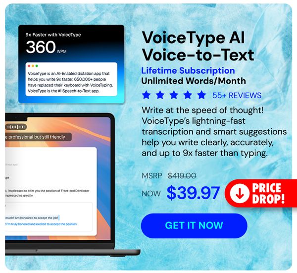 VoiceType AI Voice-to-Text: Lifetime Subscription (Unlimited Words/Month)