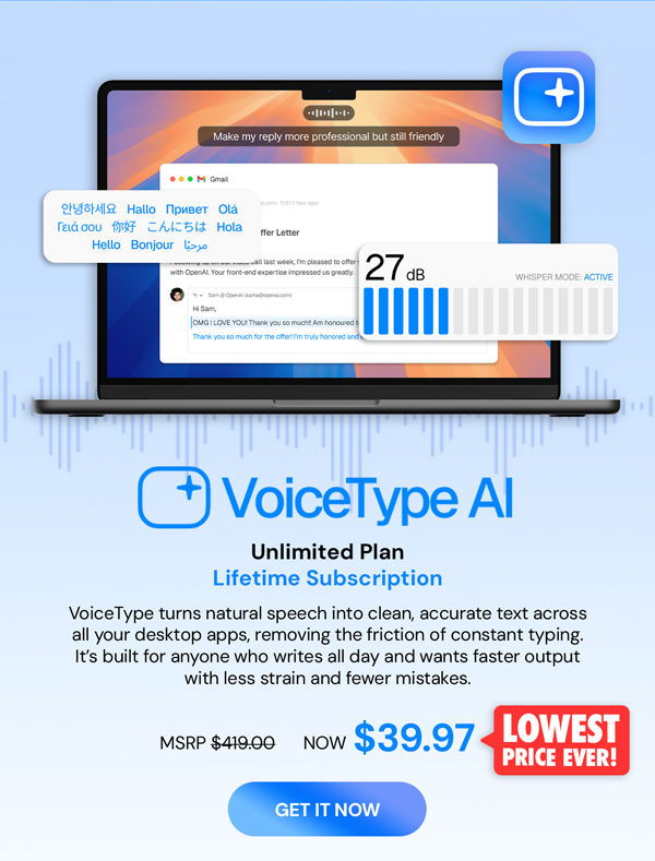 VoiceType AI Voice-to-Text: Lifetime Subscription (Unlimited Words/Month)