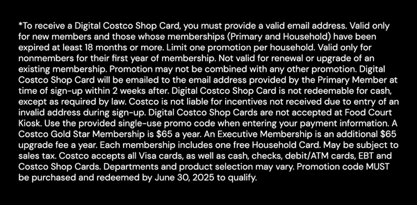 Digital Costco Shop Card Disclaimer | Terms & Conditions Apply - See Website For Details