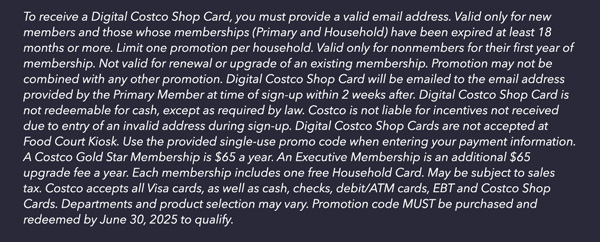 Digital Costco Shop Card Disclaimer | Terms & Conditions Apply - See Website for Details