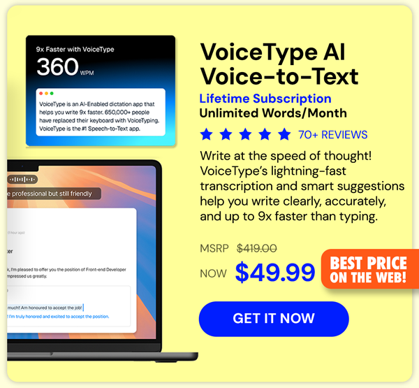 VoiceType AI Voice-to-Text: Lifetime Subscription (Unlimited Words/Month)