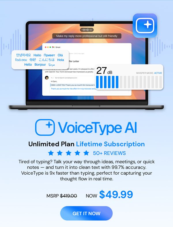 VoiceType AI Voice-to-Text: Lifetime Subscription (Unlimited Words/Month)
