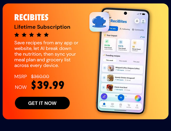 ReciBites - AI Recipe, Meal Plan, Grocery List App: Lifetime Subscription