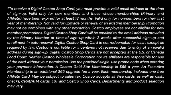 Digital Costco Shop Card Disclaimer | Terms and Conditions Apply - See Website for Details