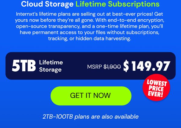 Internxt Cloud Storage Lifetime Subscription: 2TB to 100TB Plans