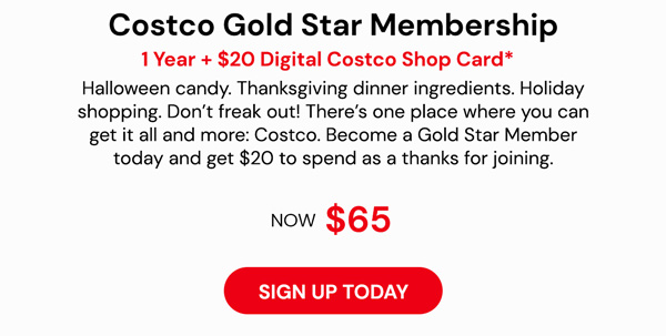 Costco 1-Year Gold Star Membership + $20 Digital Costco Shop Card