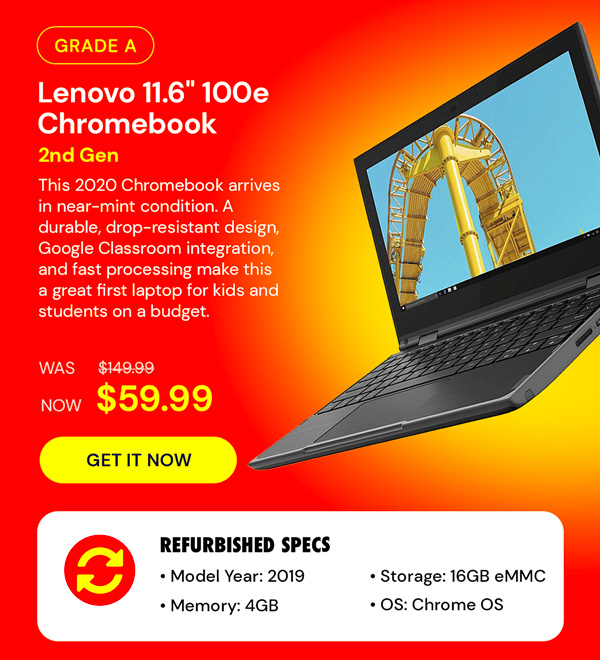 Lenovo 11.6" 100e Chromebook 2nd Gen (2019) 1.1GHz Celeron 4020 4GB RAM 16GB eMMC (Refurbished)