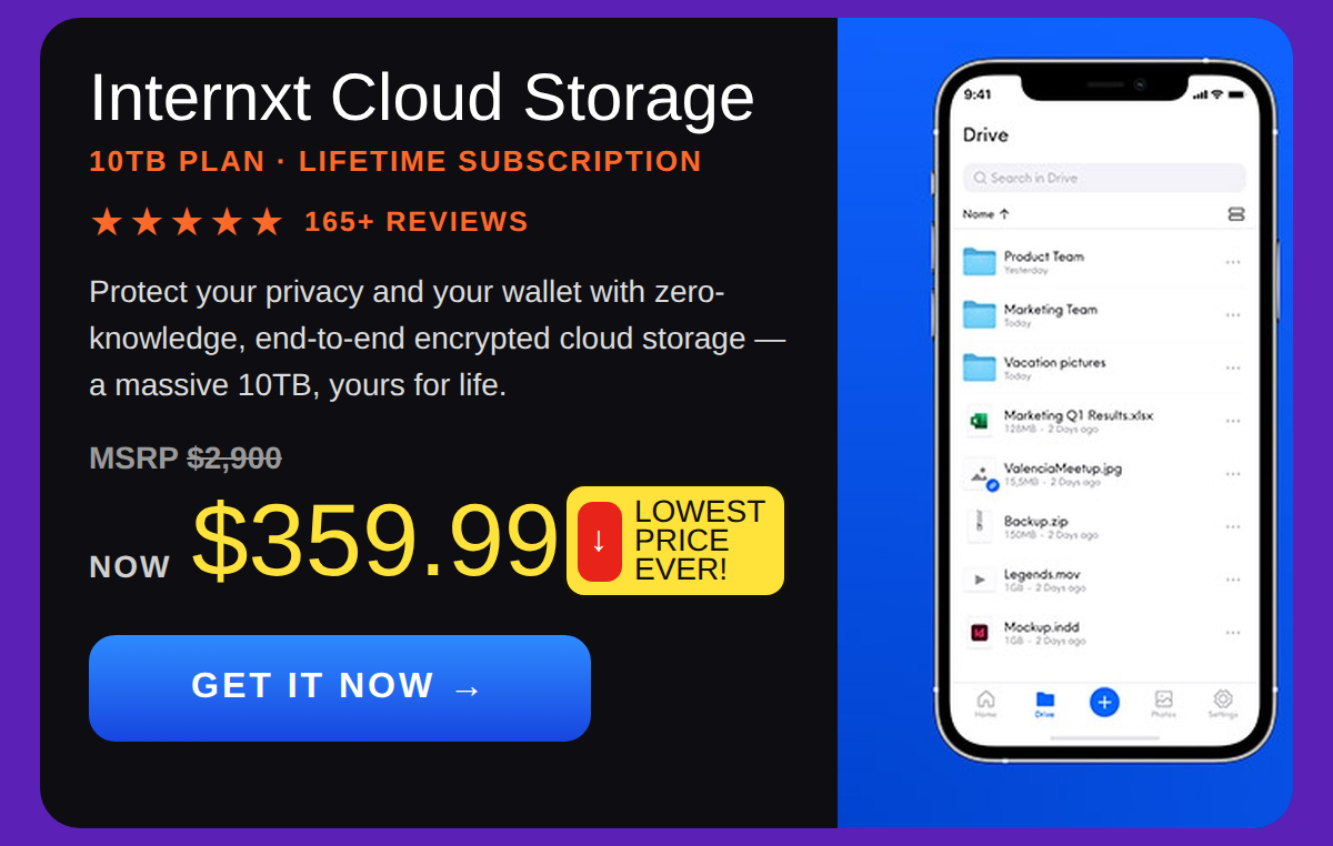 Internxt Cloud Storage Lifetime Subscription: 10TB Plan