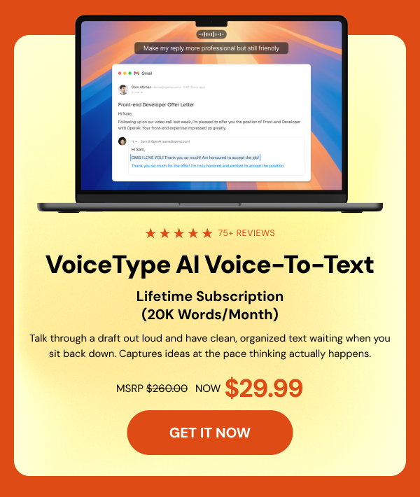 VoiceType AI Voice-to-Text: Lifetime Subscription (20K Words/Month)