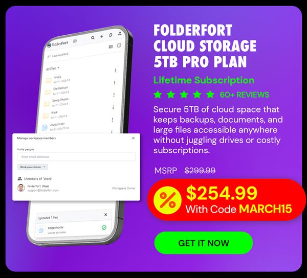 FolderFort 5TB Cloud Storage Pro Plan Lifetime Subscription