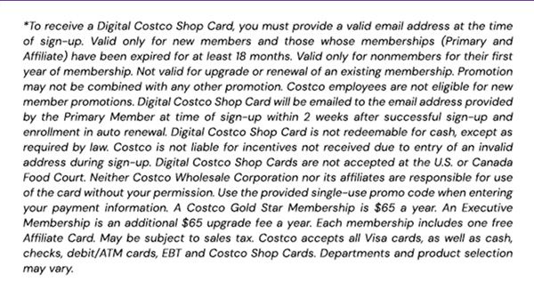 Digital Costco Shop Card Disclaimer | Terms and Conditions Apply - See Website for Details