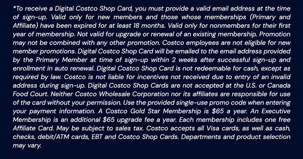 Digital Costco Shop Card Disclaimer | Terms and Conditions Apply - See Website for Details
