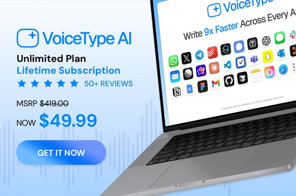 VoiceType AI Voice-to-Text: Lifetime Subscription (Unlimited Words/Month)