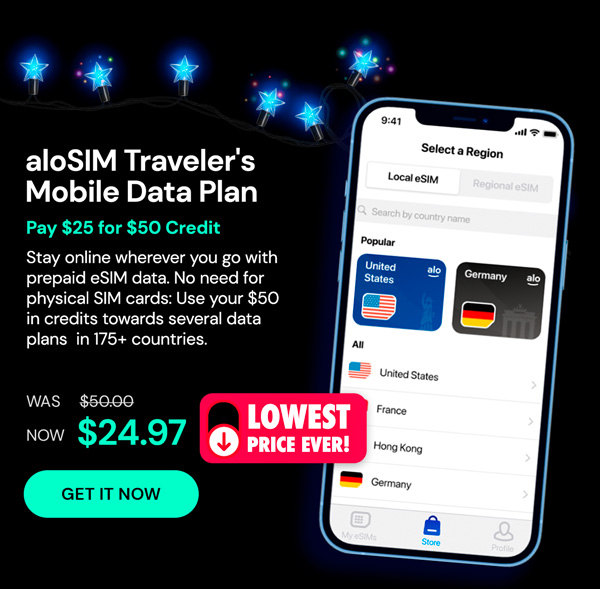 aloSIM Traveler's Mobile Data Plan: Pay $25 for $50 Credit