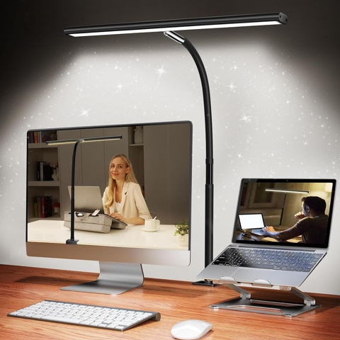 LED Desk Lamp for Office Home, Eye-Caring Desk Light with Stepless Dimming Adjustable Flexible Gooseneck, 10W USB Adapter Desk Lamp with Clamp for Reading, Study, Workbench (Black)