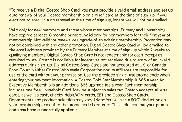 Digital Costco Shop Card Disclaimer | Terms & Conditions Apply - See Website for Details