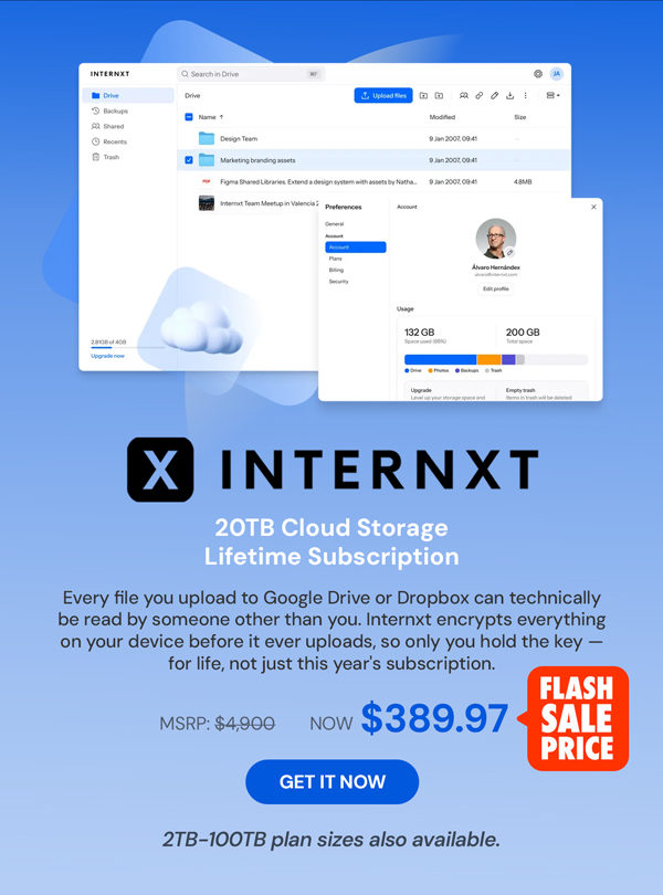 Internxt Cloud Storage Lifetime Subscription: 2TB to 100TB Plans