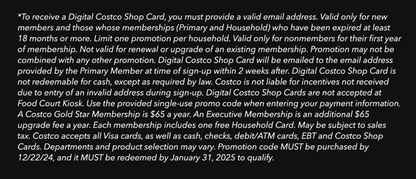 Digital Costco Shop Card Disclaimer | Terms & Conditions Apply - See Website for Details