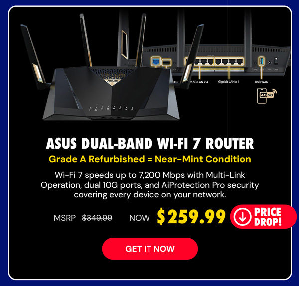 ASUS RT-BE7200 (BE88U) Dual-Band Wi-Fi 7 Router (Refurbished)