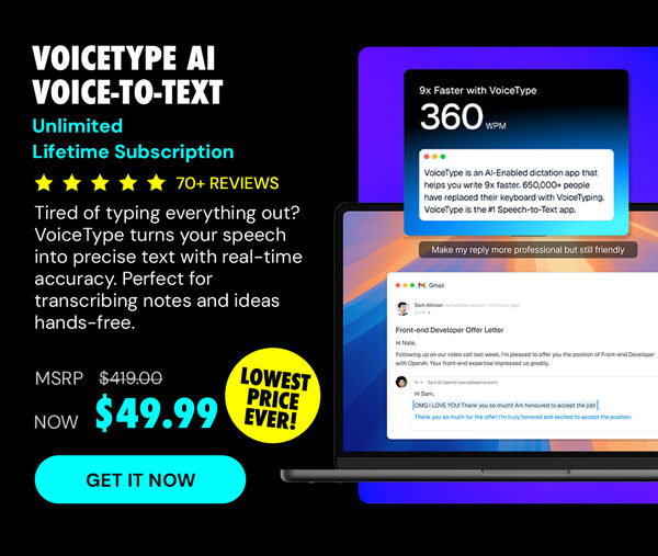 VoiceType AI Voice-to-Text: Lifetime Subscription (Unlimited Words/Month)
