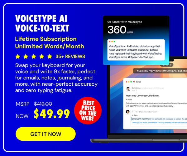 VoiceType AI Voice-to-Text: Lifetime Subscription (Unlimited Words/Month)