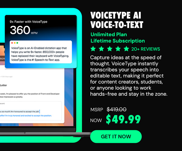 VoiceType AI Voice-to-Text: Lifetime Subscription (Unlimited Words/Month)
