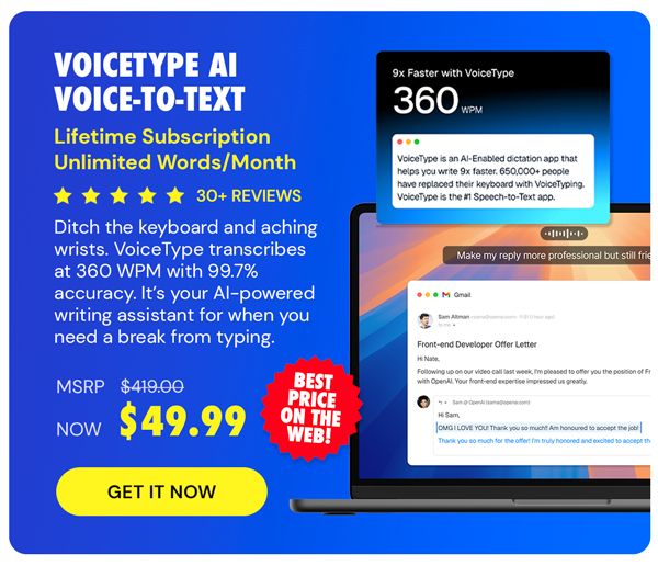 VoiceType AI Voice-to-Text: Lifetime Subscription (Unlimited Words/Month)