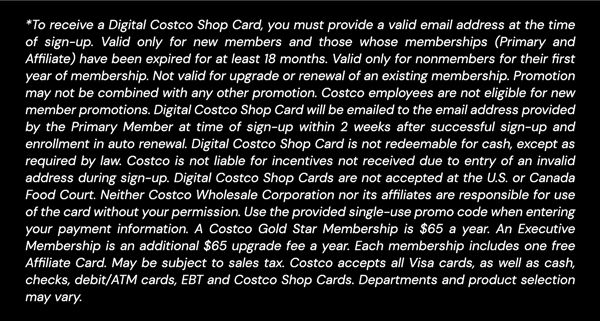 Digital Costco Shop Card Disclaimer | Terms and Conditions Apply - See Website for Details