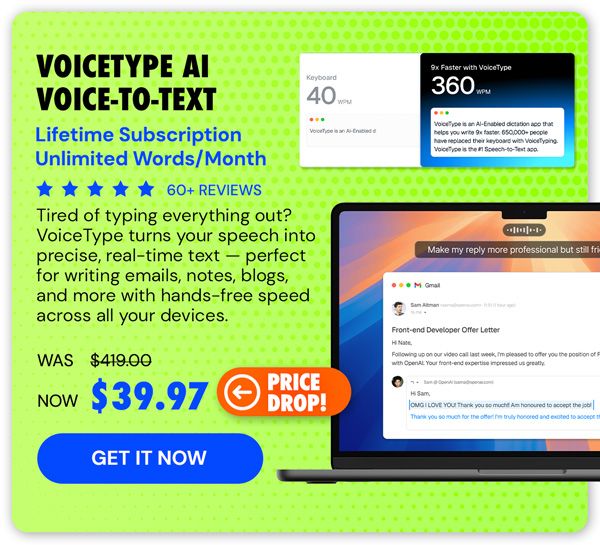 VoiceType AI Voice-to-Text: Lifetime Subscription (Unlimited Words/Month)