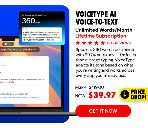 VoiceType AI Voice-to-Text: Lifetime Subscription (Unlimited Words/Month)