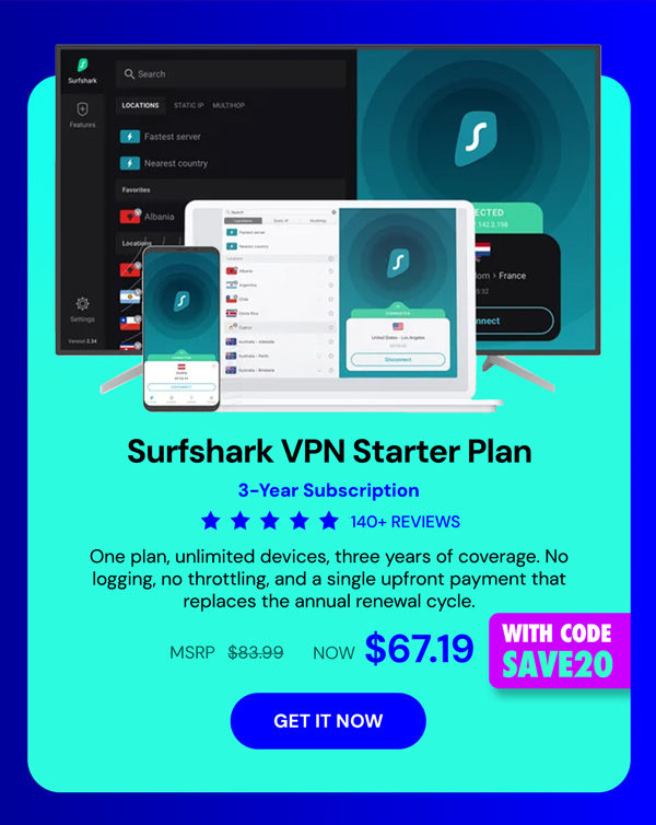 Surfshark VPN Starter Plan: 3-Yr Subscription