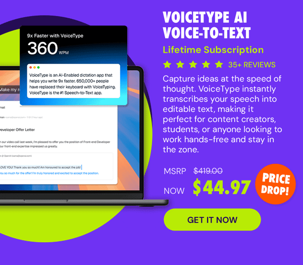 VoiceType AI Voice-to-Text: Lifetime Subscription (Unlimited Words/Month)