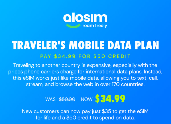 aloSIM Traveler's Mobile Data Plan: Pay $35 for $50 Credit