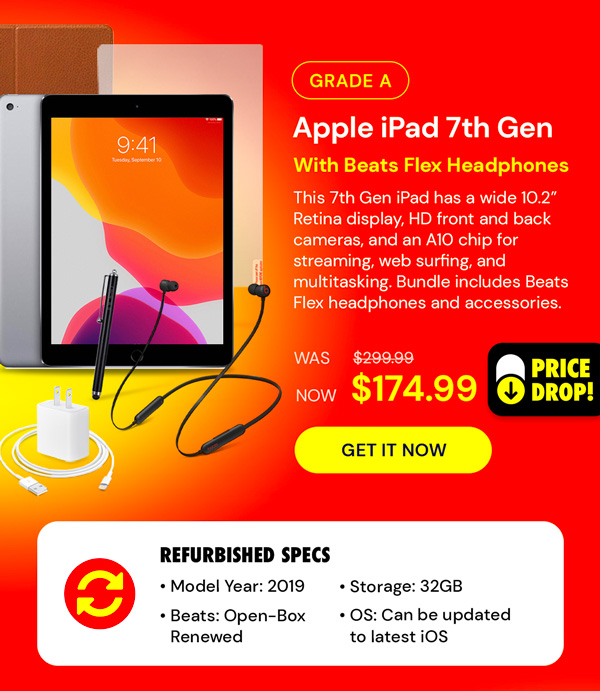 Apple iPad 7th Gen (2019) WiFi Only Bundle with Beats Flex Headphones (Refurbished)