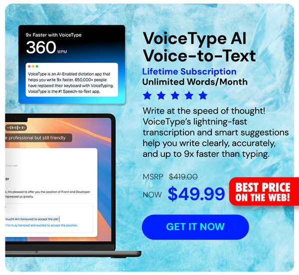 VoiceType AI Voice-to-Text: Lifetime Subscription (Unlimited Words/Month)