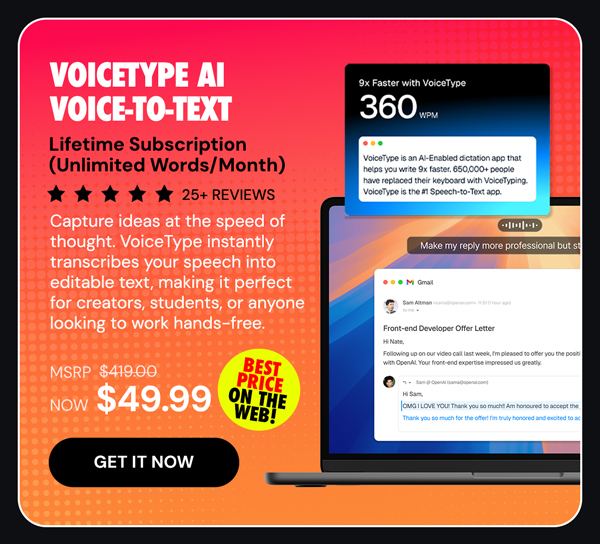 VoiceType AI Voice-to-Text: Lifetime Subscription (Unlimited Words/Month)