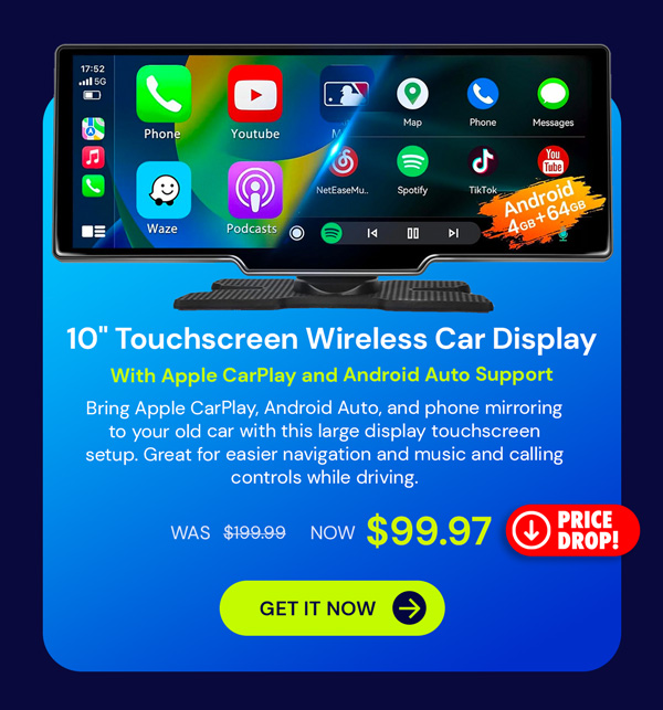 10" Touchscreen Wireless/WiFi/Bluetooth Car Display with Apple CarPlay and Android Auto Support