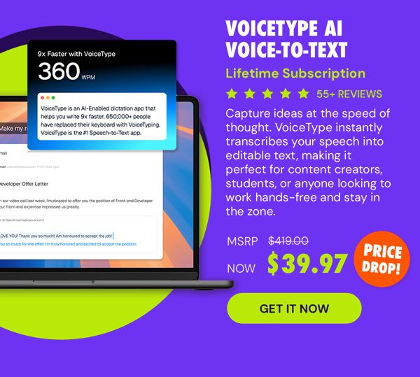VoiceType AI Voice-to-Text: Lifetime Subscription (Unlimited Words/Month)